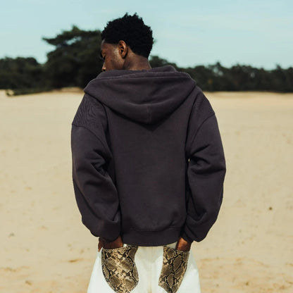 Men's Oversized Wolf Embroidery Zip-Up Hoodie | Heavyweight Fleece