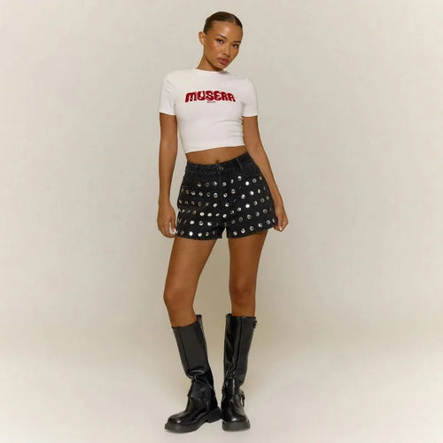 Y2K Rivet Denim Mini Shorts – Low Rise Women's Streetwear