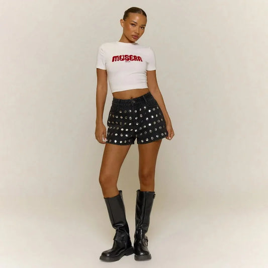 Y2K Rivet Denim Mini Shorts – Low Rise Women's Streetwear