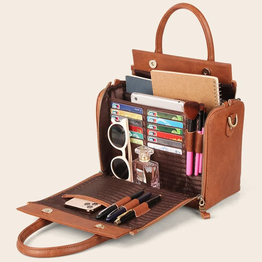 Retro Brown Simple Handbag Women Multi Layer Large Capacity