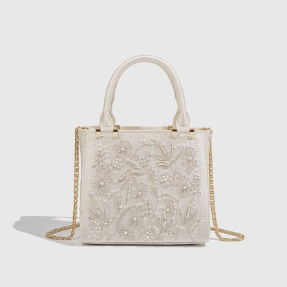 Floral Embroidery Square Tote Bag – Women's Handbag with Chain Strap