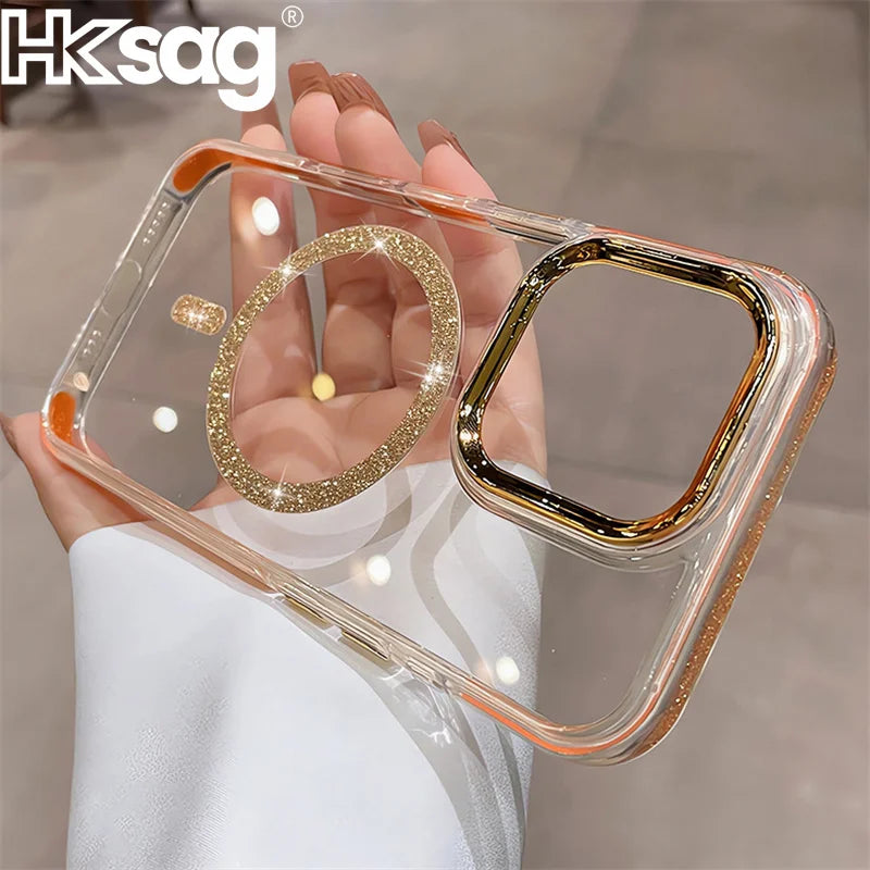 Glitter Clear Phone Case for iPhone 16 15 14 13 12 11 Pro Max Plus – Magnetic Wireless Charging