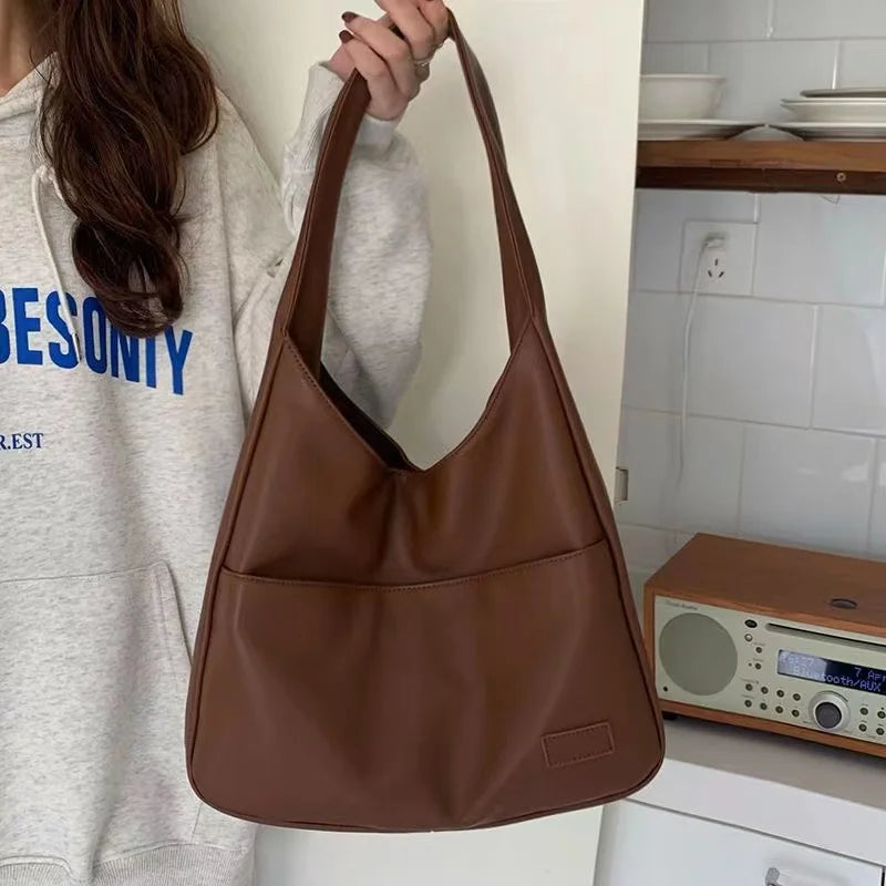 Large Capacity Black Leather Commuter Tote Bag