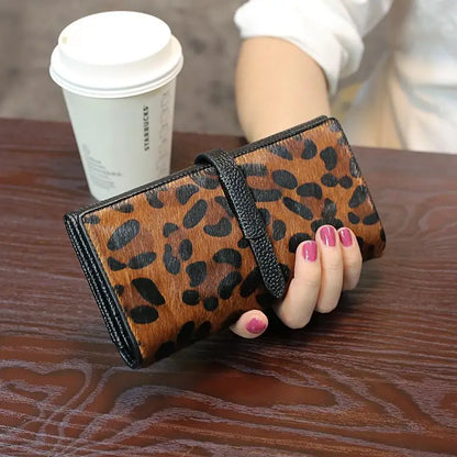 Leopard Print Genuine Leather Long Wallet for Women