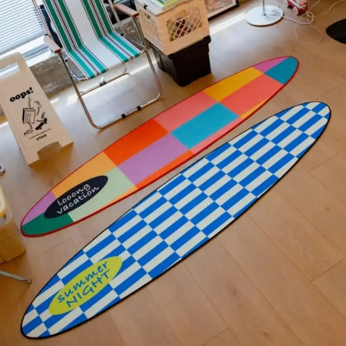 Surfboard Shape Rug – Summer Checkered Floor Mat for Bedroom & Living Room