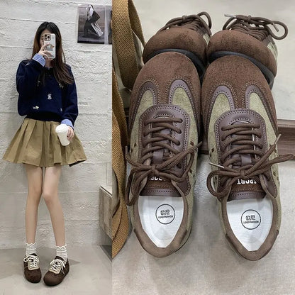 Retro Color-Block Lace-Up Sneakers for Women – Flat Casual Sport Shoes