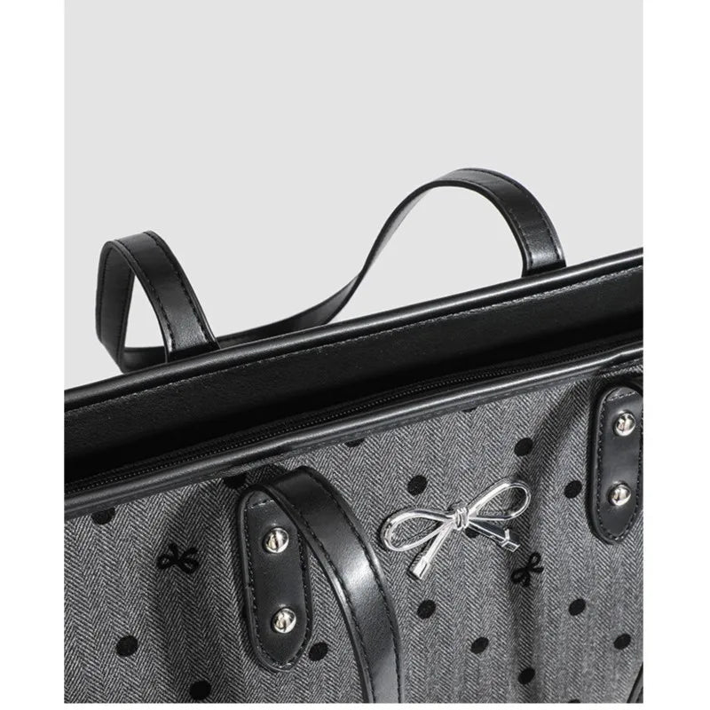 Sweet Cool Black Tote Bag Women College Style Trendy Bow Print