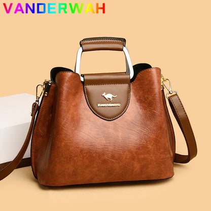 Luxury Oil Skin Leather Tote Bag for Women – 3-Layer Shoulder Handbag