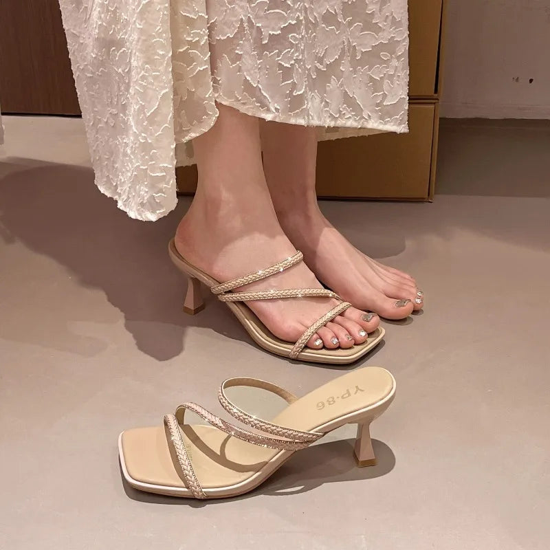 Open Toe Strappy Heeled Sandals – Women's Square Toe Mules