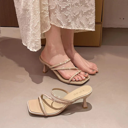 Open Toe Strappy Heeled Sandals – Women's Square Toe Mules