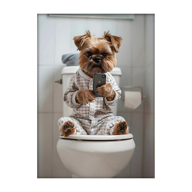 Funny Dog Bathroom Poster – Dog Reading Newspaper on Toilet Wall Art