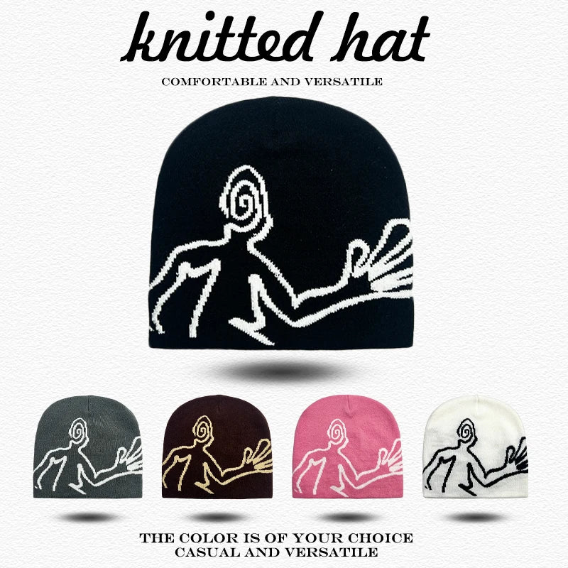 Jacquard Figure Beanie Hat – Unisex Streetwear Knit Cap