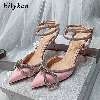 Crystal Bow Knot Satin Pumps – Rhinestone Stiletto Heels