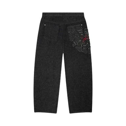 Y2K Spiderweb Baggy Jeans – Black Gothic Streetwear Wide Leg Denim