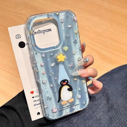 3D Star Penguin Samsung Galaxy Case – Blue Glitter Kawaii Cover