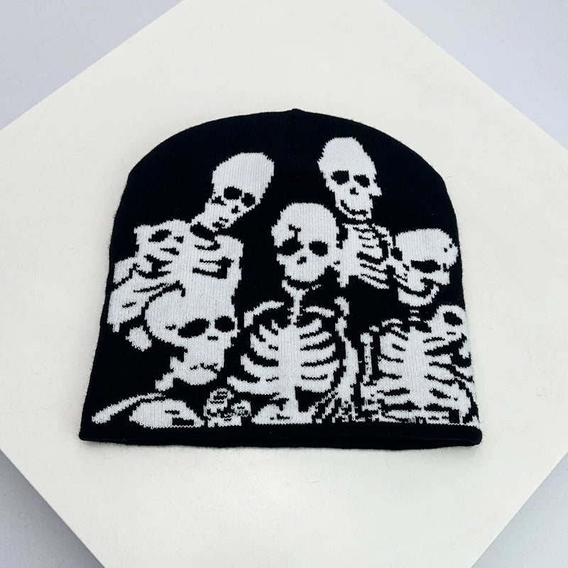 Skull Print Knit Beanie – Color Block Warm Winter Hat Punk Style