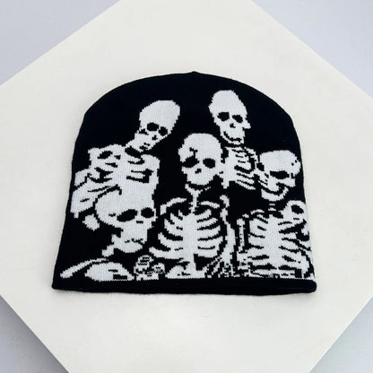Skull Print Knit Beanie – Color Block Warm Winter Hat Punk Style