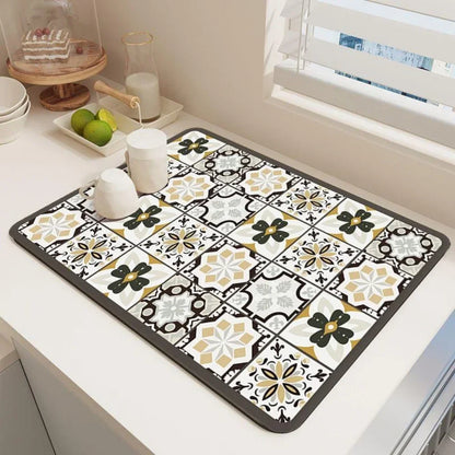 Dish Drying Mat – Boho Vintage Tile Absorbent Non-Slip Kitchen Mat