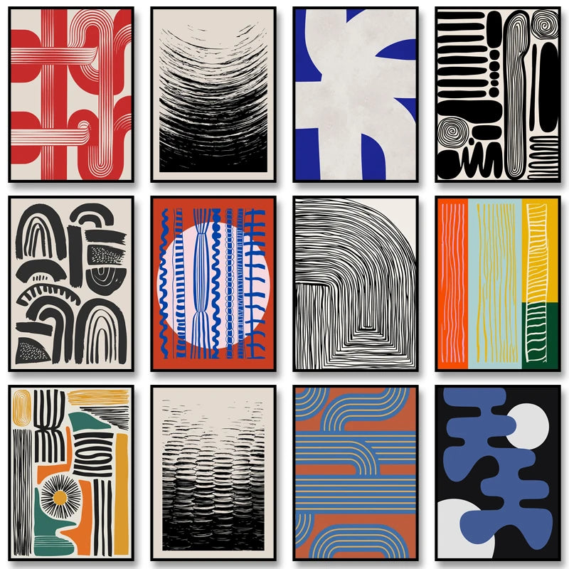 Retro Geometric Abstract Shapes Poster – Minimal Black & White Wall Art Unframed