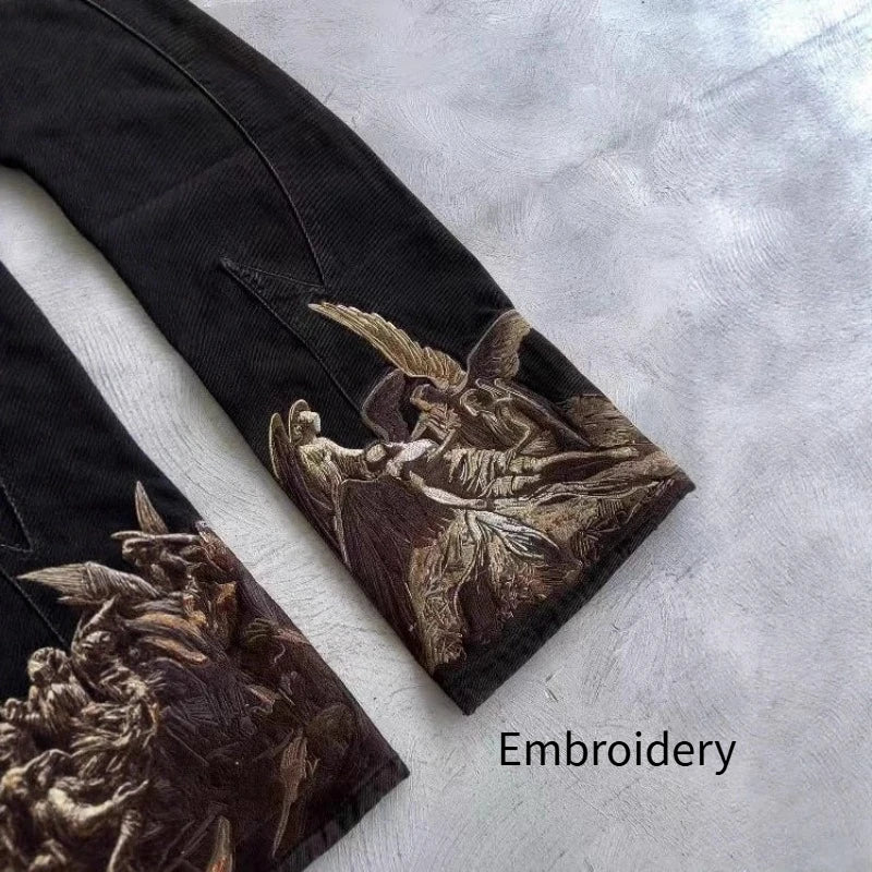 Mens Jeans Harajuku Y2k Streetwear Heavy Angel Embroidery Patchwork Washed Denim Pants Straight Leg