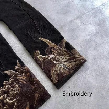 Mens Jeans Harajuku Y2k Streetwear Heavy Angel Embroidery Patchwork Washed Denim Pants Straight Leg