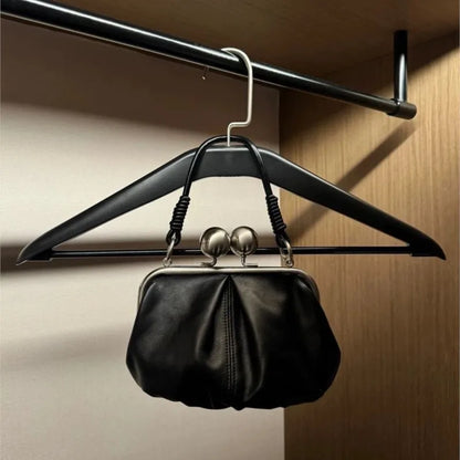 Retro Black Pleated Clip Bag Women Leather Small Capacity Handbag