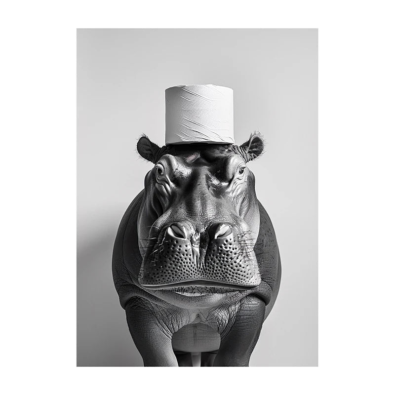 Funny Bathroom Wall Art Poster – Black & White Animal Toilet Paper Print