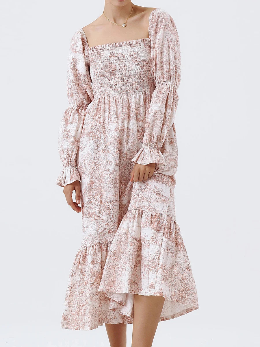 Puff Sleeve Smocked Midi Dress – Square Neck Flowy Casual Dress