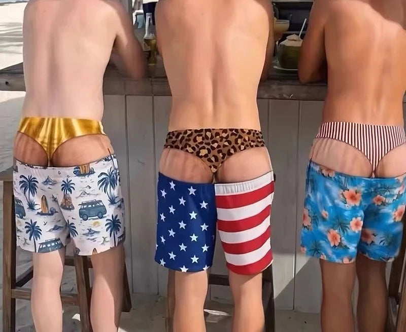 Funny Fake Two-Piece Men's Beach Shorts – Optical Illusion Thong Print Boardshorts