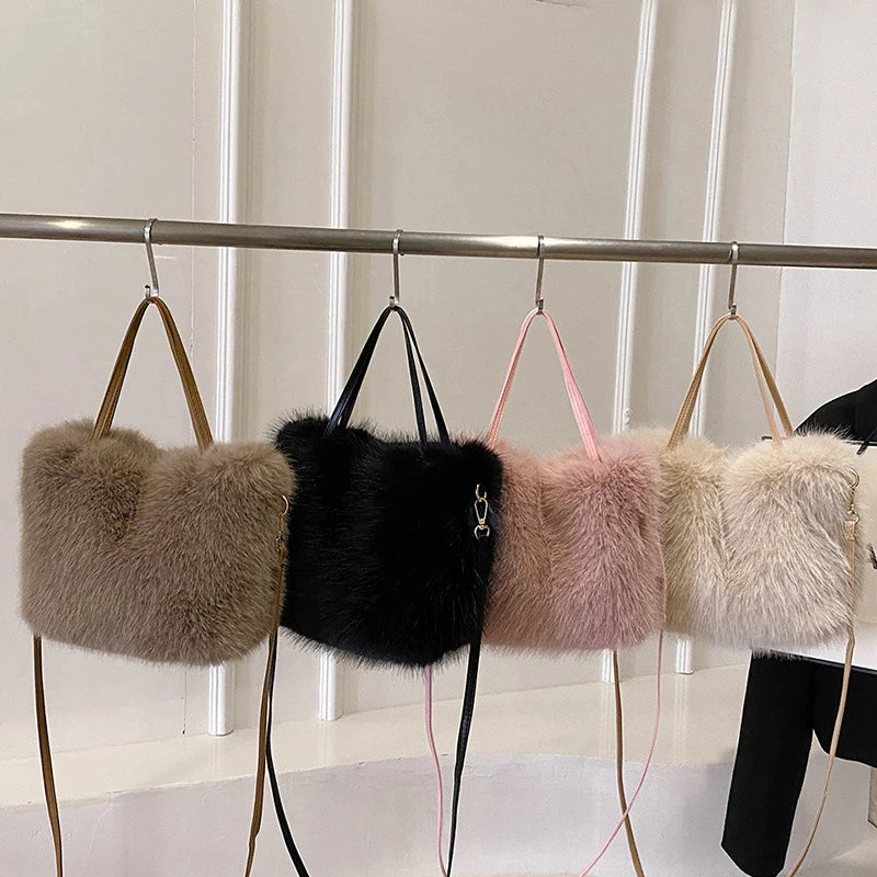 Faux Fur Tote Bag Women's Bucket Plush Luxury Design Ladies Handbags