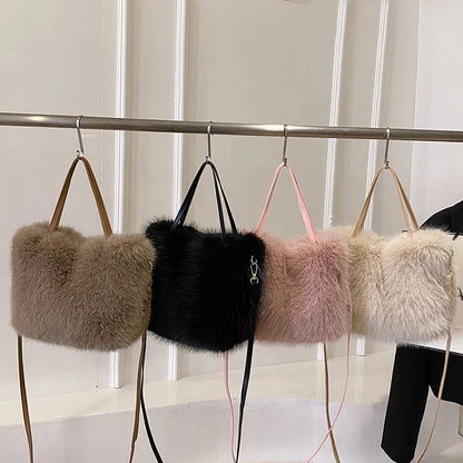 Faux Fur Tote Bag Women's Bucket Plush Luxury Design Ladies Handbags