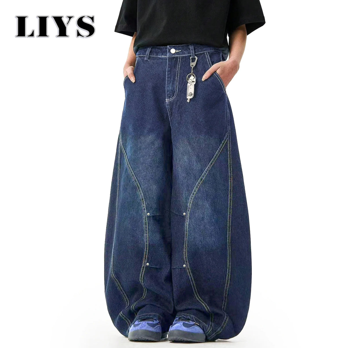 Men S American Retro Blue Loose Machete Wide Leg Jeans Unisex Baggy Straight Sickle Denim Pants