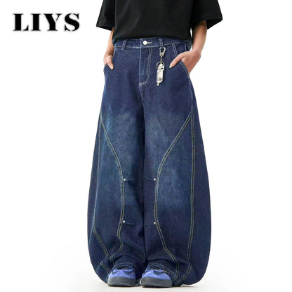 Men S American Retro Blue Loose Machete Wide Leg Jeans Unisex Baggy Straight Sickle Denim Pants