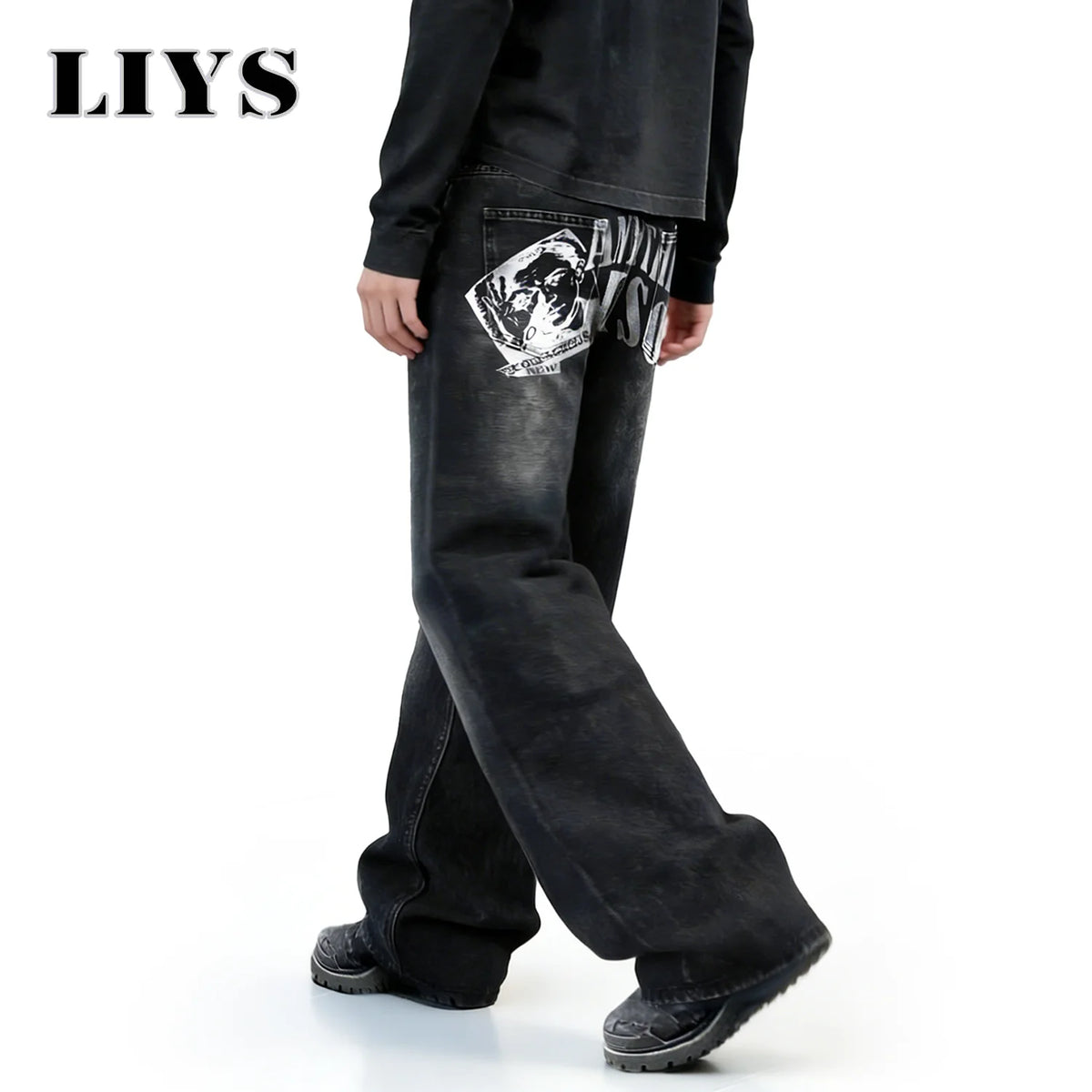 LIYS Graffiti Print Baggy Wide Leg Jeans – Black Washed Unisex Streetwear