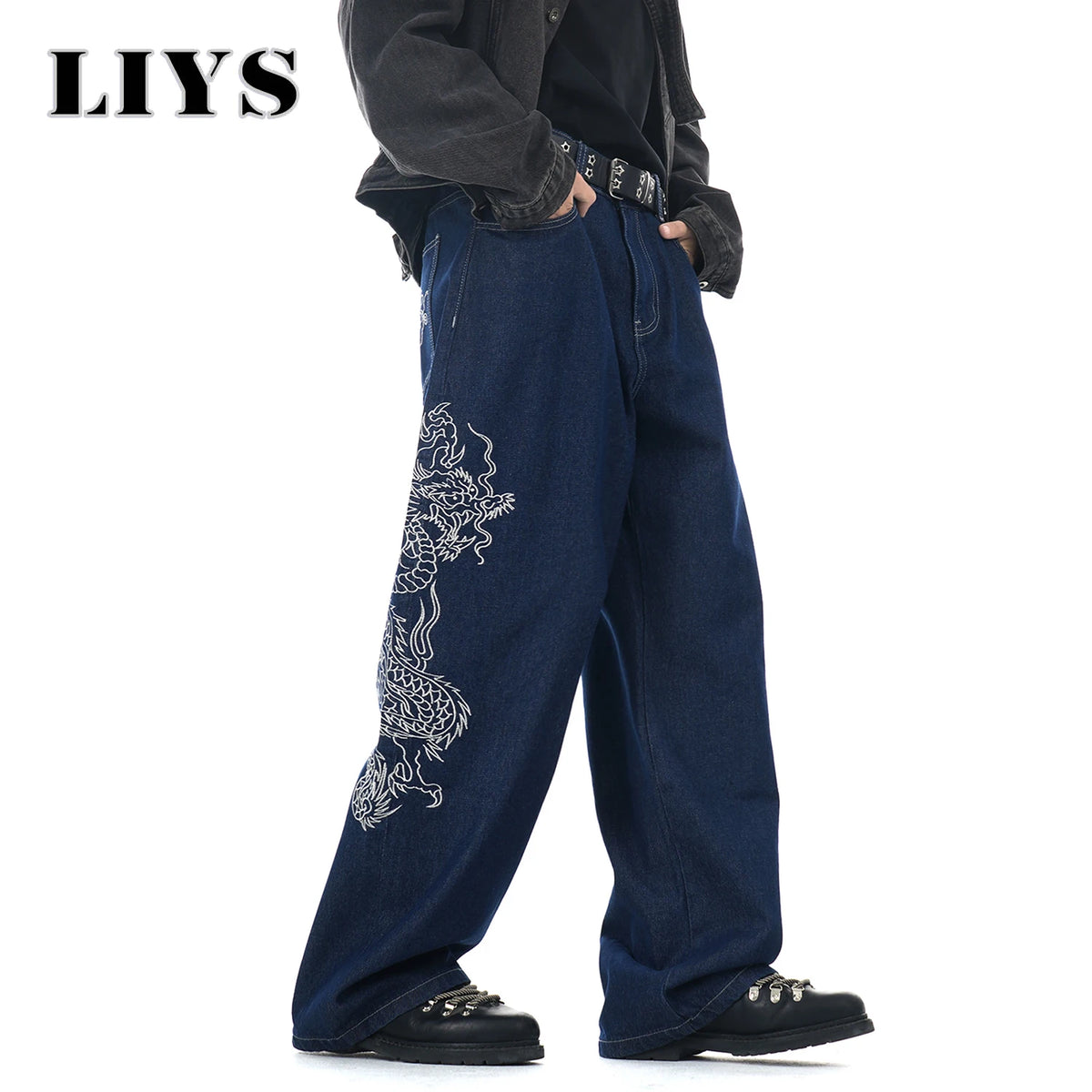 Men's Dragon Embroidered Baggy Wide Leg Jeans – Blue
