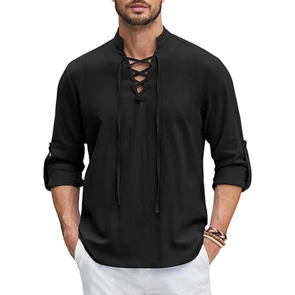 Men's Medieval Linen Shirt Lace-Up Renaissance Pirate Viking Top