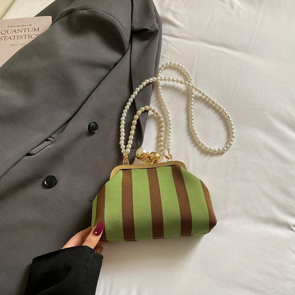 Pearl Chain Kisslock Handbag – Striped Fabric Evening Bag