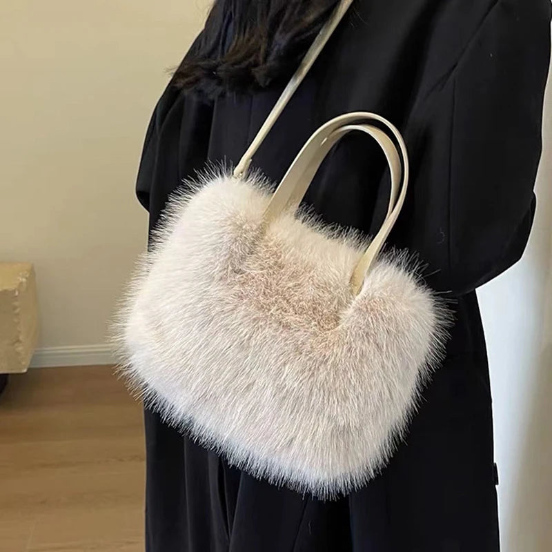 Faux Fur Tote Bag Women's Bucket Plush Luxury Design Ladies Handbags