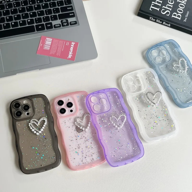 Pearl Heart Glitter Clear iPhone Case – Wavy Edge Shockproof Cover