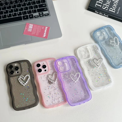 Pearl Heart Glitter Clear iPhone Case – Wavy Edge Shockproof Cover