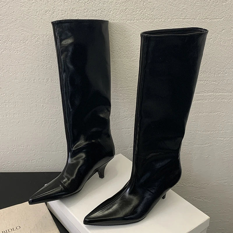 Women's Pointed Toe Kitten Heel Knee-High Boots