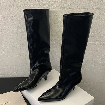 Women's Pointed Toe Kitten Heel Knee-High Boots