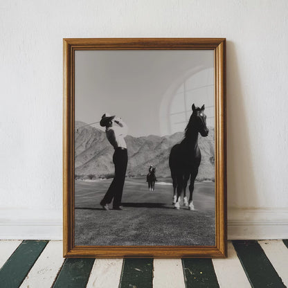 Vintage Cowboy Golf Poster – Retro Black & White Western Wall Art Print