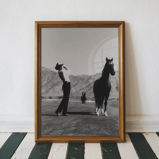 Vintage Cowboy Golf Poster – Retro Black & White Western Wall Art Print