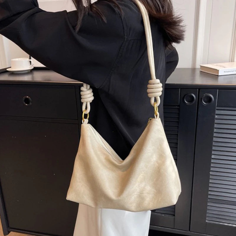 Soft Leather Geometric Wide Strap Shoulder Bag