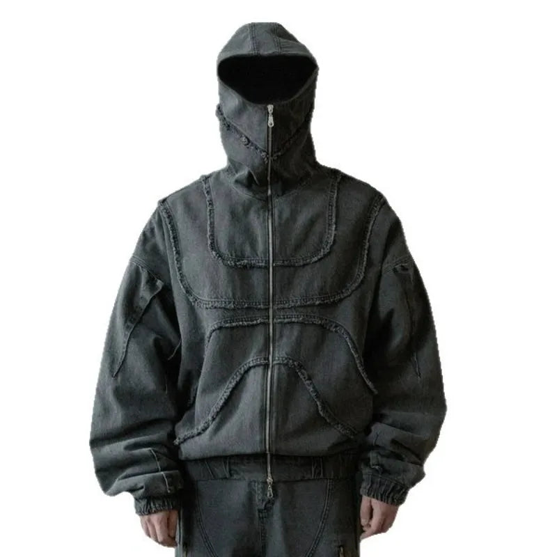 Mens Hoodie Harajuku American Street Streetwear Washed Distressed Zip Up Hooded Sweatshirt Loose Fit