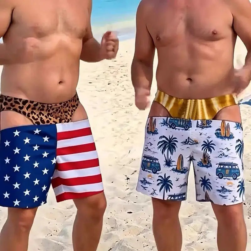 Funny Fake Two-Piece Men's Beach Shorts – Optical Illusion Thong Print Boardshorts