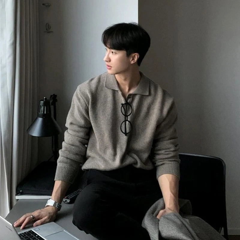 Men's Polo Neck Knit Sweater – Korean Style Pullover