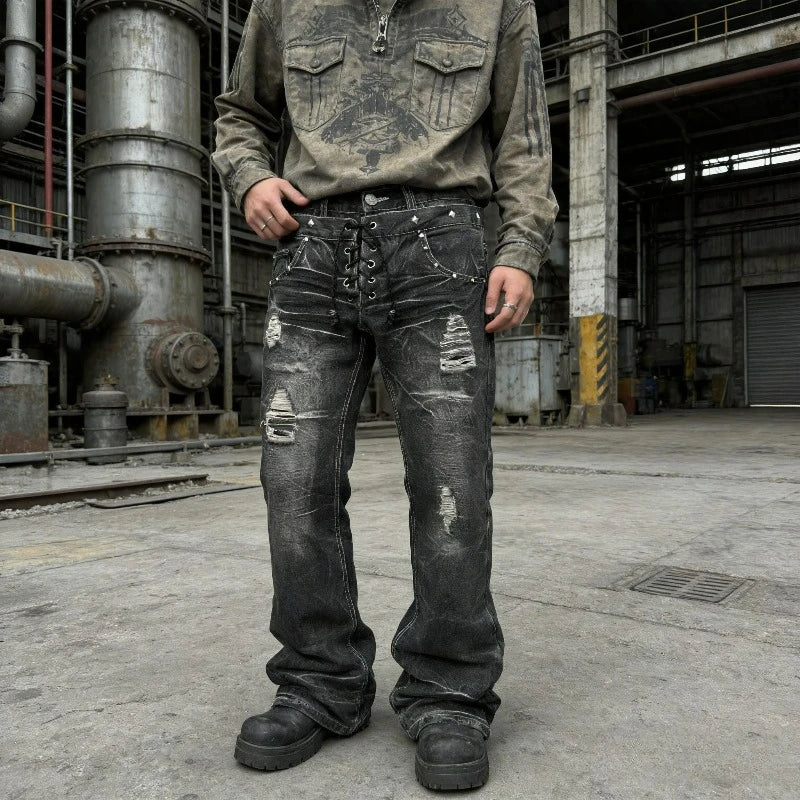 Y2K Gothic Washed Flare Jeans – Lace-Up Double Waist Unisex