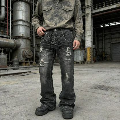 Y2K Gothic Washed Flare Jeans – Lace-Up Double Waist Unisex